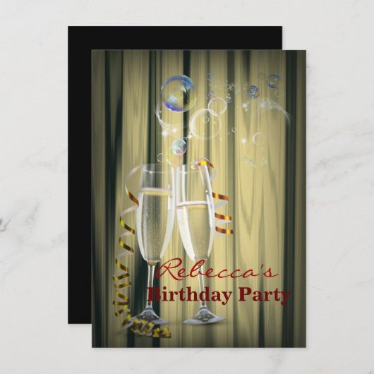 金ゴールドエレガントシャンパングラス女性の誕生日 招待状 (正面/裏面)