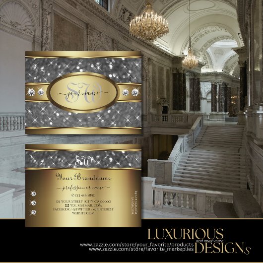 金ゴールドエレガントシルバーグリッタースターズダイヤモンドイニシャル 名刺