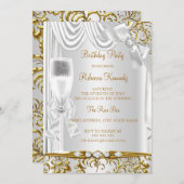 金ゴールドエレガントシルバーホワイトシルクシャンパン誕生日 招待状 (正面/裏面)