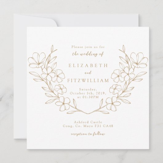 金ゴールドエレガントシンプルさくらんぼブルーミングブロッサムリース 招待状 (正面)