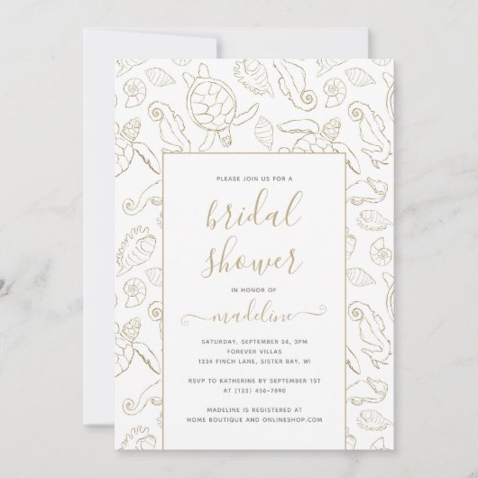 金ゴールドエレガントシー海ブライダルシャワー 招待状 (正面)