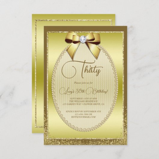金ゴールドエレガントジュエリドボウ&グリッター誕生日 招待状 (正面/裏面)