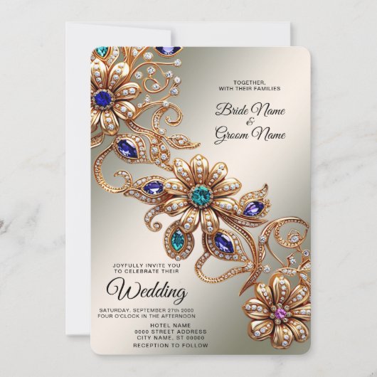 金ゴールドエレガントジュエルフラワーズ結婚式招待状 招待状 (正面)