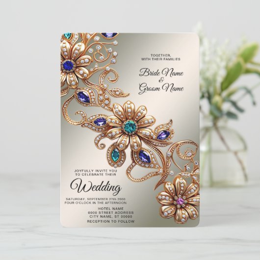 金ゴールドエレガントジュエルフラワーズ結婚式招待状 招待状 (スタンド正面)