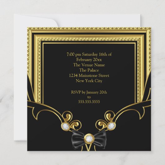 金ゴールドエレガントジュエルブラックボウバースデーパーティー 招待状 (裏面)