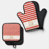 金ゴールドエレガントスクエアモノグラムレッドダイヤモンドパターン 鍋つかみ&鍋敷きセット (正面/裏面)