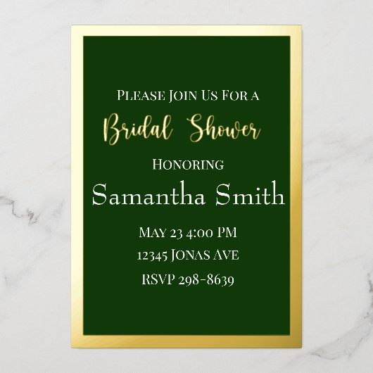 金ゴールドエレガントスクリプトとフレームの緑のブライダルシャワー 箔招待状 (正面)