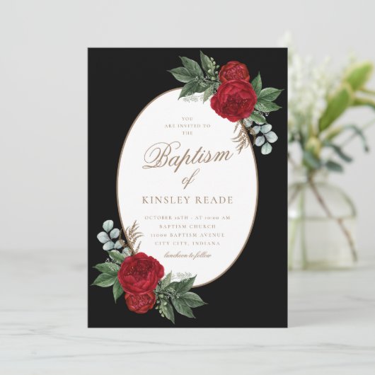 金ゴールドエレガントスクリプトアカ牡丹バプテスマ 招待状 (スタンド正面)