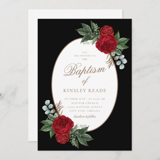 金ゴールドエレガントスクリプトアカ牡丹バプテスマ 招待状 (正面/裏面)