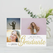 金ゴールドエレガントスクリプトオーバーレイ3枚の写真卒業 案内状 (スタンド正面)