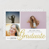 金ゴールドエレガントスクリプトオーバーレイ3枚の写真卒業 案内状 (正面/裏面)