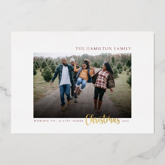 金ゴールドエレガントスクリプトファミリークリスマスフォト 箔シーズンカード (正面)