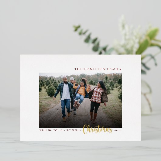 金ゴールドエレガントスクリプトファミリークリスマスフォト 箔シーズンカード (立ち正面)