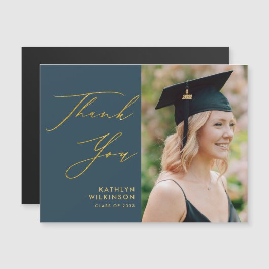 金ゴールドエレガントスクリプトブルーシック卒業ありがとう (正面/裏面)