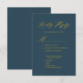 金ゴールドエレガントスクリプトブルーミニマリスト結婚式RSVP エンクロージャーカード (正面/裏面)
