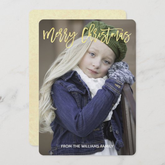 金ゴールドエレガントスクリプトメリークリスマスカスタム写真 シーズンカード (正面/裏面)