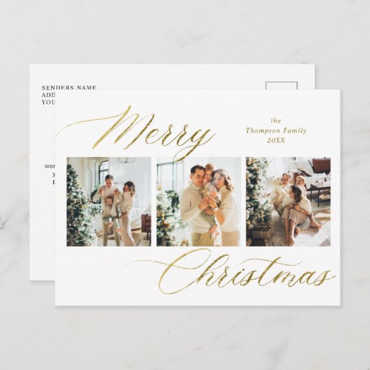金ゴールドエレガントスクリプトメリークリスマスフォトコラージュ シーズンポストカード (正面/裏面)