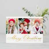 金ゴールドエレガントスクリプトメリークリスマス3写真 箔シーズンカード (立ち正面)