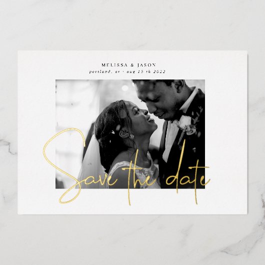 金ゴールドエレガントスクリプト保存日付フォイル招待状 箔招待状 (正面)