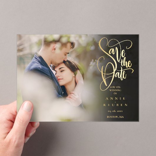金ゴールドエレガントスクリプト写真ウェディング日付の保存 アクリル招待状 (インサイチュ (ポータブル))
