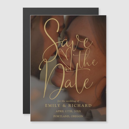 金ゴールドエレガントスクリプト写真ウェディング日付の保存 マグネット招待状 (正面/裏面)