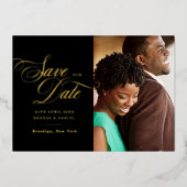 金ゴールドエレガントスクリプト写真QRコード日付の保存 箔招待状 (正面)