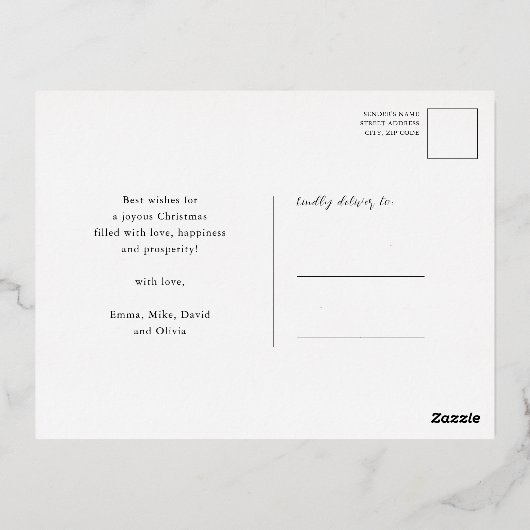 金ゴールドエレガントスクリプト心地よいと喜びの良い情報 箔シーズンポストカード (裏面)