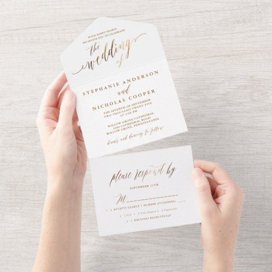 金ゴールドエレガントスクリプト招待状 オールインワン招待状 (貼ってはがせる)