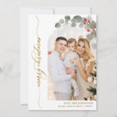 金ゴールドエレガントスクリプト葉写真アーチクリスマスクリスマス シーズンカード (正面)