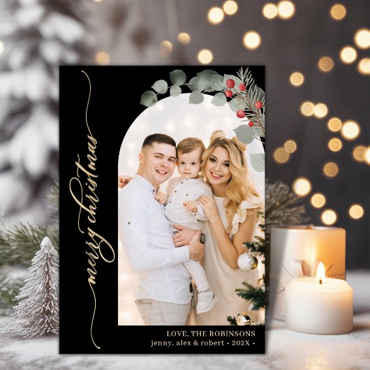 金ゴールドエレガントスクリプト葉写真アーチクリスマスクリスマス シーズンカード