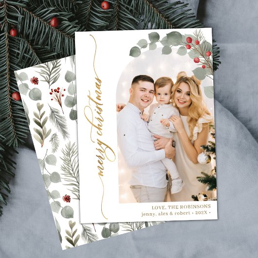 金ゴールドエレガントスクリプト葉写真アーチクリスマスクリスマス シーズンカード