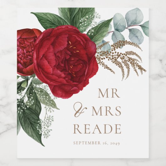 金ゴールドエレガントスクリプト赤フローラ氏と夫人 ワインラベル (シングルラベル)