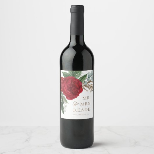金ゴールドエレガントスクリプト赤フローラ氏と夫人 ワインラベル (正面)