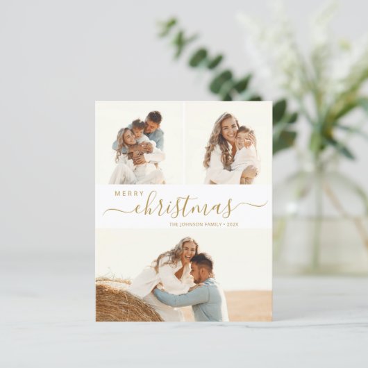 金ゴールドエレガントスクリプト3フォトクリスマスホリデーカード (スタンド正面)