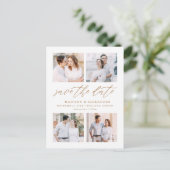 金ゴールドエレガントスクリプト4フォトコラージュ日付の保存 案内ポストカード (スタンド正面)