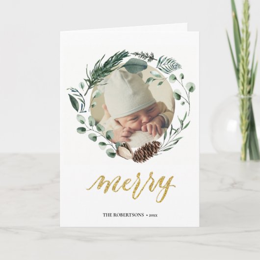 金ゴールドエレガントスクリプトEucalyptus葉の緑 シーズンカード (正面)