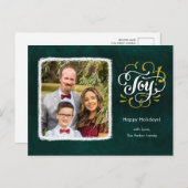金ゴールドエレガントスクリプトJOYグリーンクリスマスフォト シーズンポストカード (正面/裏面)