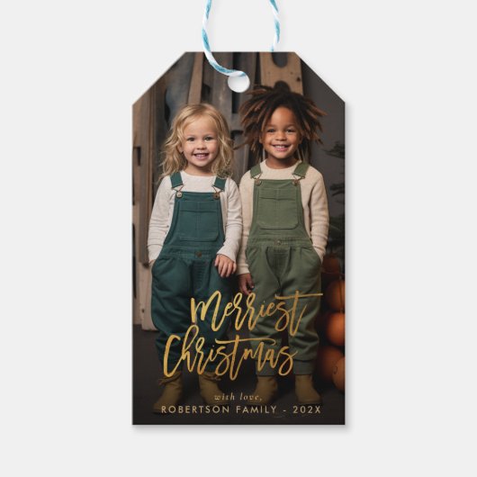 金ゴールドエレガントスクリプトmerry christmas photo holiday ギフトタグ (正面)