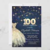 金ゴールドエレガントスターズドレスネイビーブルー100誕生日 招待状 (正面)
