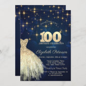 金ゴールドエレガントスターズドレスネイビーブルー100誕生日 招待状 (正面/裏面)