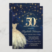 金ゴールドエレガントスターズドレスネイビーブルー50誕生日 招待状 (正面/裏面)