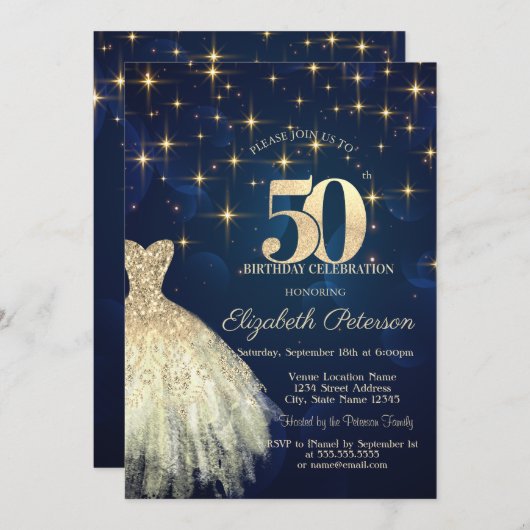 金ゴールドエレガントスターズドレスネイビーブルー50誕生日 招待状 (正面/裏面)
