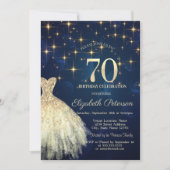 金ゴールドエレガントスターズドレスネイビーブルー70誕生日 招待状 (正面)