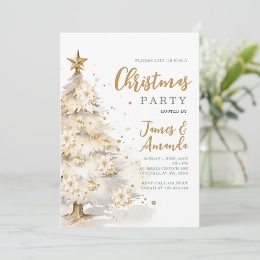 金ゴールドエレガントスターホワイトクリスマスツリーパーティー 招待状 (スタンド正面)