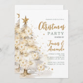 金ゴールドエレガントスターホワイトクリスマスツリーパーティー 招待状 (正面/裏面)