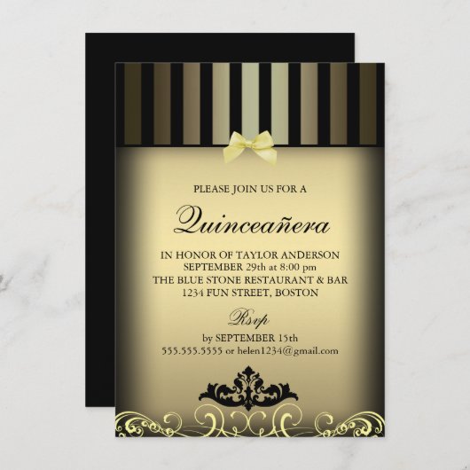 金ゴールドエレガントストライプキンセアニラパーティー招待状 招待状 (正面/裏面)