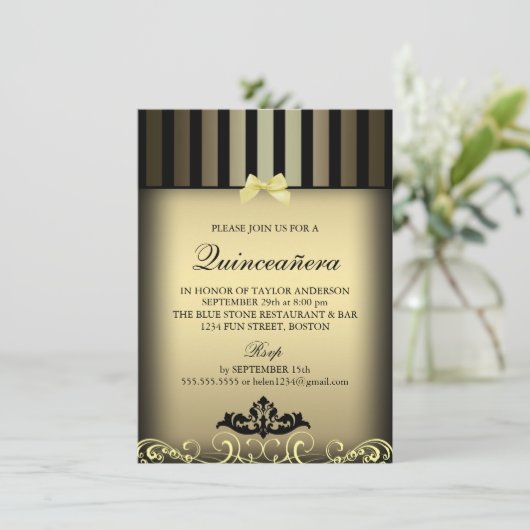 金ゴールドエレガントストライプキンセアニラパーティー招待状 招待状 (スタンド正面)