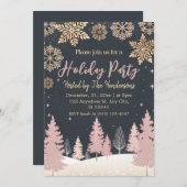 金ゴールドエレガントスノウソフトピンクホリデーパーティー 招待状 (正面/裏面)