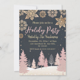 金ゴールドエレガントスノウソフトピンクホリデーパーティー 招待状