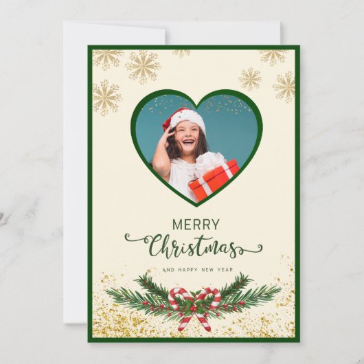 金ゴールドエレガントスノーフレークのクリスマスフォト挨拶 シーズンカード (正面)